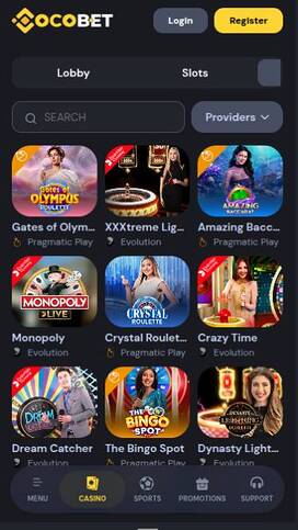 Captura de pantalla móvil en vivo del casino Cocobet