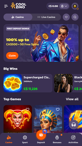 Página de inicio móvil del casino Coolzino