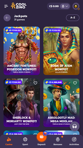 Jackpot móvil del casino Coolzino