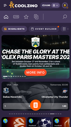 Deportes en vivo para móviles del casino Coolzino