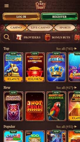Games mobile page screenshot of Crazy Tower Casino
