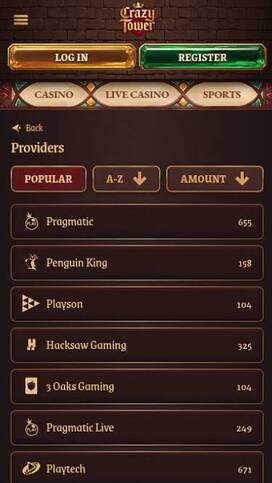 Game Developers mobile page screenshot of Crazy Tower Casino