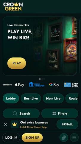 Mobile homepage screenshot of CrownGreen Casino