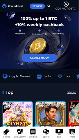 CryptoRoyal Casino Homepage Mobile