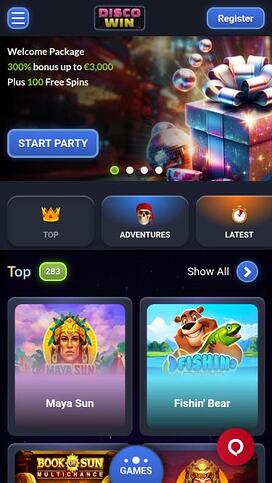 Página de inicio móvil de Disco Win Casino