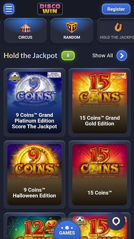 Página móvil del jackpot de Disco Win Casino