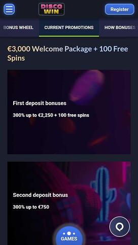 Página móvil de promociones de Disco Win Casino