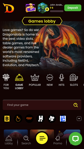 Página de inicio móvil del casino DragonSlots