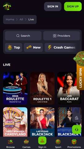 Live games mobile page screenshot of Drakaris Casino