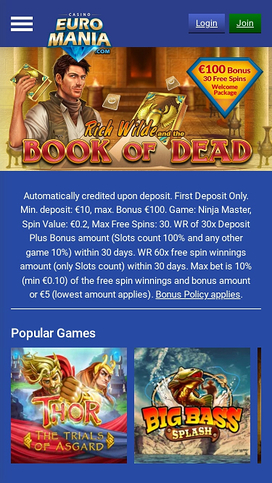 EuroMania Casinos hemsida Mobil
