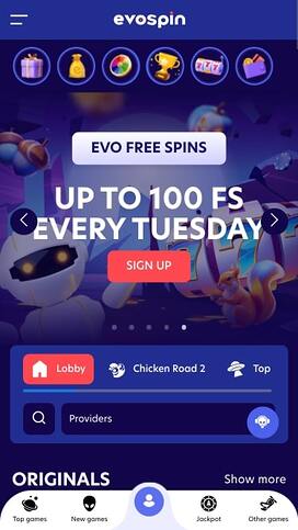 EvoSpin Casino Homepage Mobile