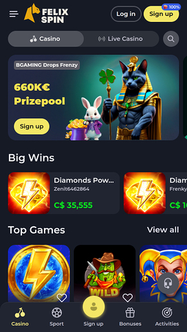 Felixspin Casino Mobile Homepage