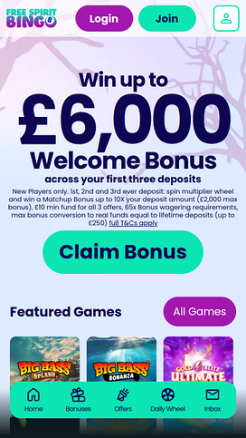 Free Spirit Bingo Mobile Homepage