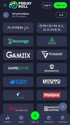 FridayRoll Casino game developers mobile page
