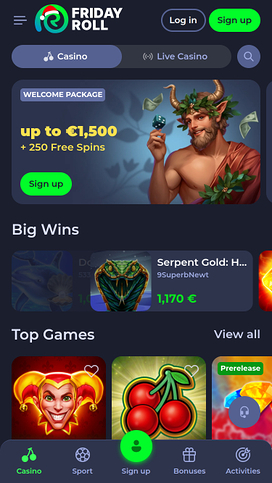 FridayRoll Casino mobile homepage