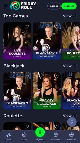 FridayRoll Casino live dealer mobile page