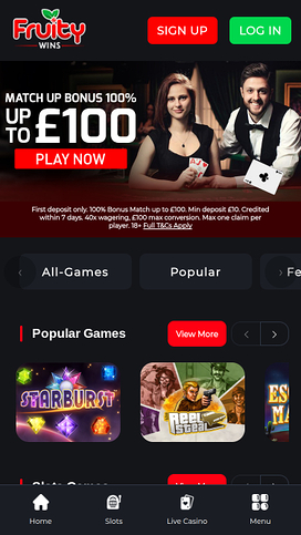 Fruity Wins Casino Mobile Homepage