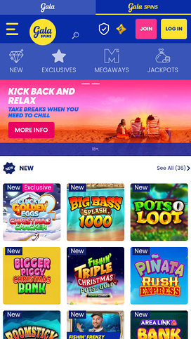 Gala Spins Mobile Homepage