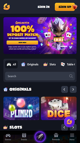 Galactix Casino Mobile Homepage