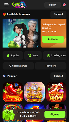 Página principal móvil del casino Game Spot