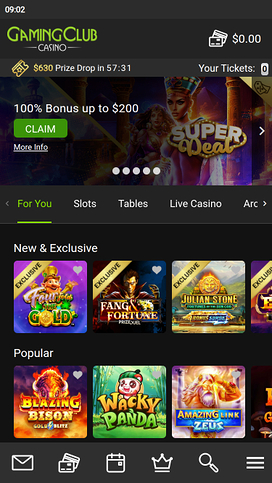 Gaming Club Casino Mobile Homepage