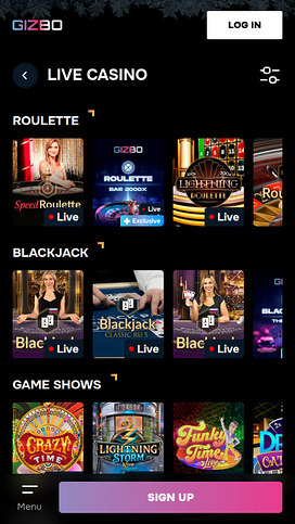 Casino móvil con crupier en vivo de Gizbo