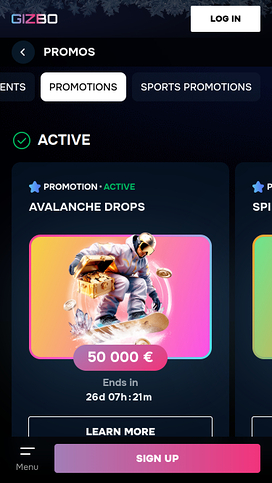 Promociones móviles del Casino Gizbo