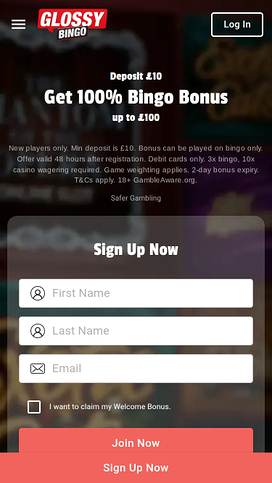 Glossy Bingo Mobile Homepage