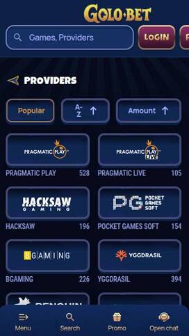 Providers mobile page screenshot of Golobet Casino