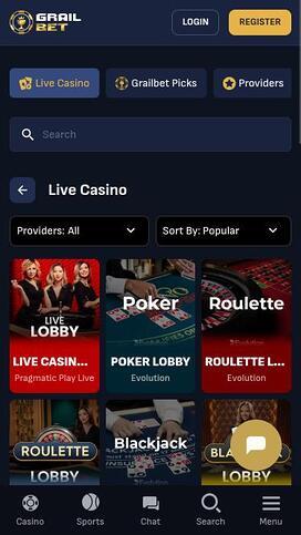 Página móvil del casino Grailbet con crupier en vivo