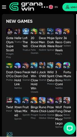 Mobile games page screenshot of GranaWin Casino
