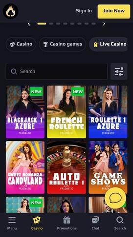Casino móvil Heats con crupier en vivo