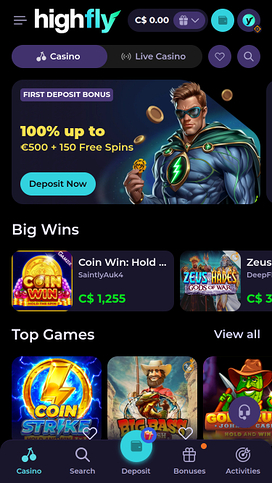 High Fly Bet Casino Mobile Homepage