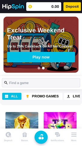 Hip Spin Casino Mobile Homepage
