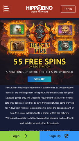 Hippozino Casino Mobile Homepage