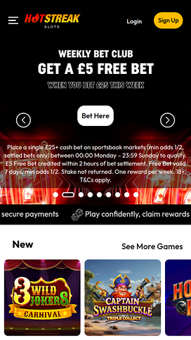 Hot Streak Casino Mobile Homepage