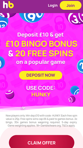 Hunky Bingo Casino Mobile Homepage