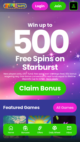 Hyper Slots Casino Mobile Homepage