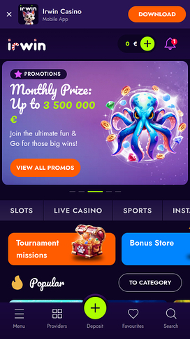 Página de inicio móvil de Irwin Casino
