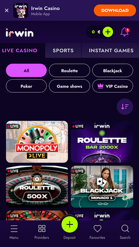 Casino móvil con crupier en vivo de Irwin