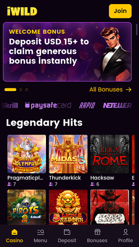 Página de inicio móvil de iWild Casino