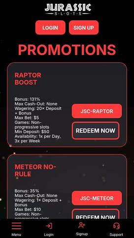 Jurassic Slots Casino promotions mobile page