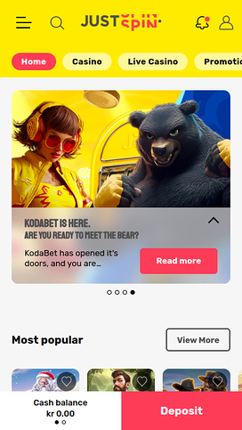 Justspin Casino Mobile Homepage