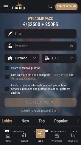 King Billy Casino Homepage Mobile