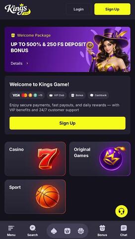 Página de inicio móvil de Kings Game Casino