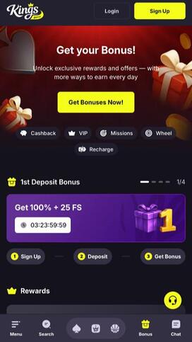 Página móvil de promociones de Kings Game Casino