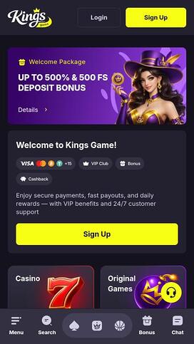 Kings Game Casino mobile homepage