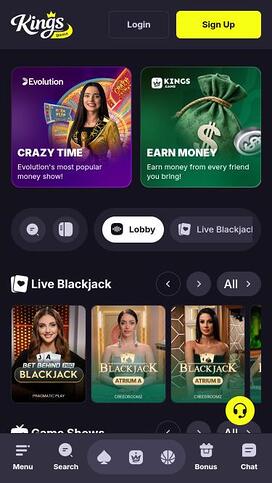 Kings Game Casino live dealer mobile page