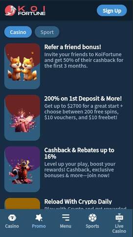 Promotions mobile page screenshot of KoiFortune Casino
