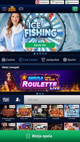 Kungaslottet Casinos mobilsida med live dealers